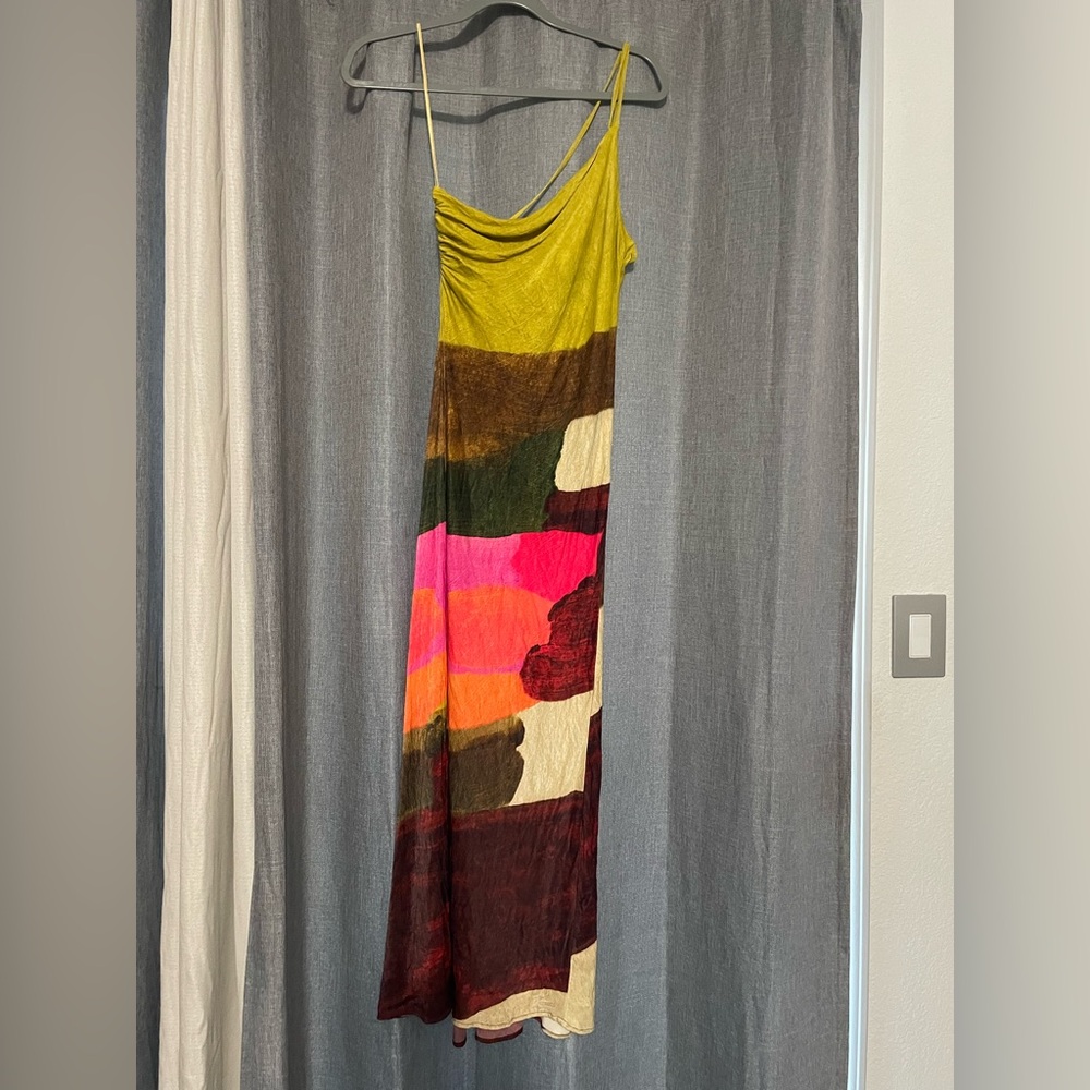 Blank London  Yellow brown and pink textured dress one shoulder straps